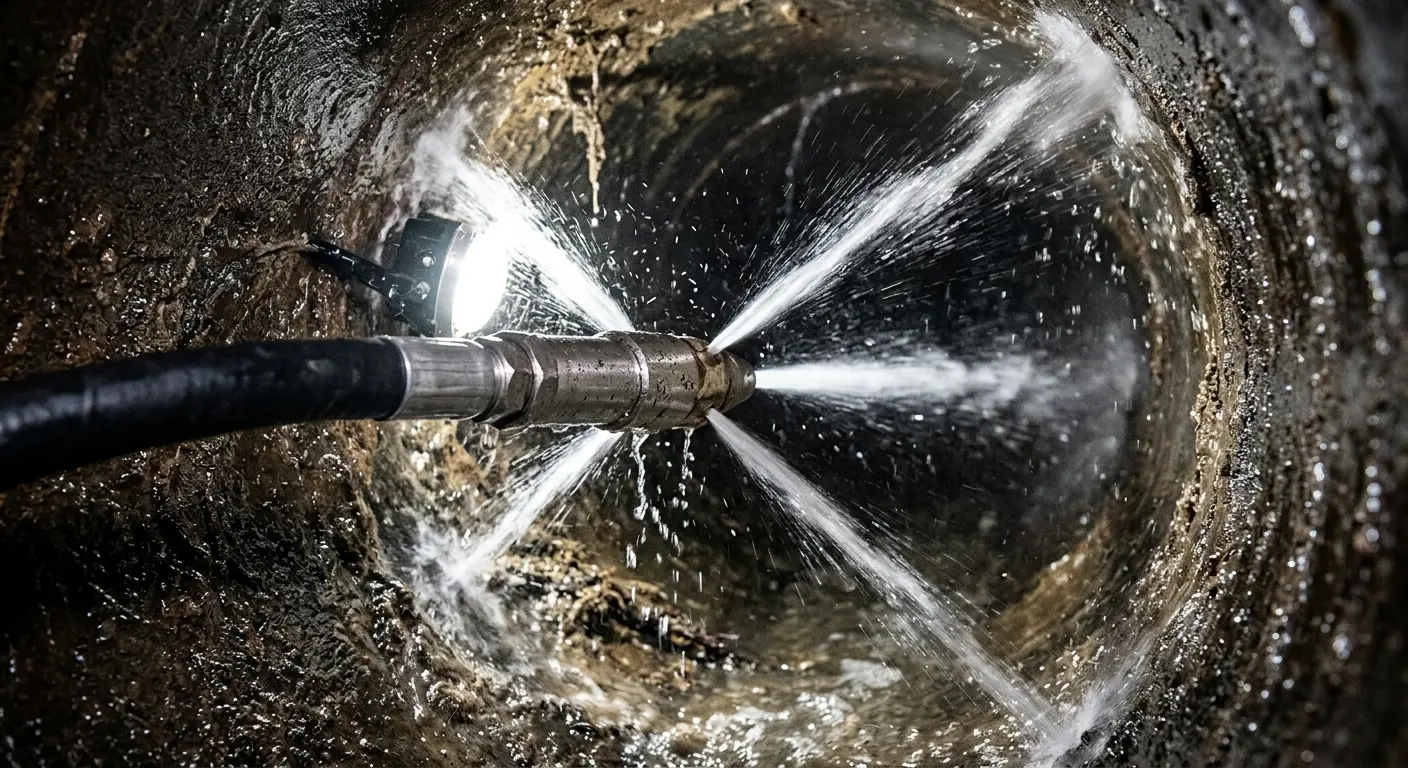 High-pressure hydro jetting nozzle cleaning sewer pipe for Trenchless Sewer Repair in Big Bear City