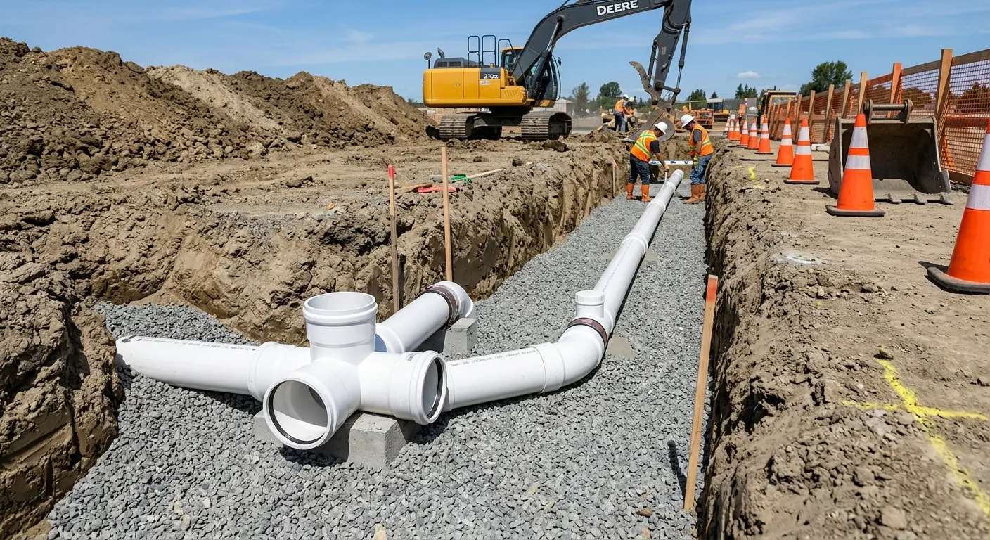 New PVC sewer pipe installation in open trench for Commercial Drain Cleaning in Big Bear City